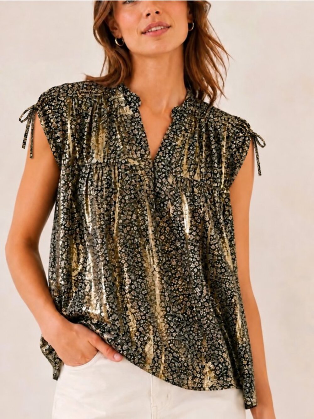 Anthropologie NEW Current Air Brown Gold Foil Ditsy Floral Blouse Top SZ Small